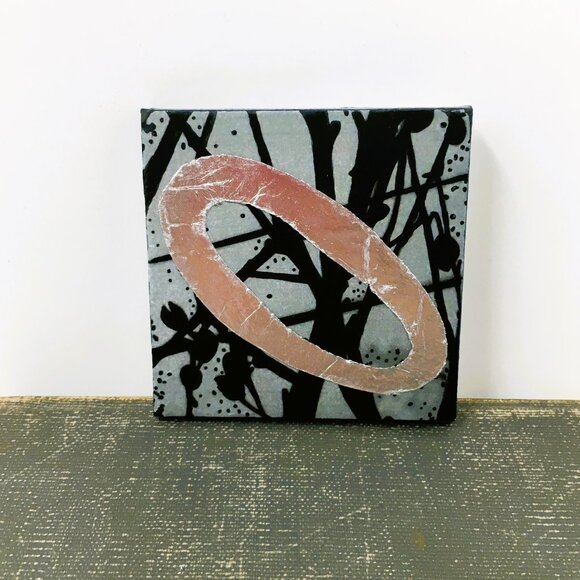 Miniature Square Gray Black Silver Leaf Branches Ink Drawing on Canvas Wall Art - Picture 10 of 16